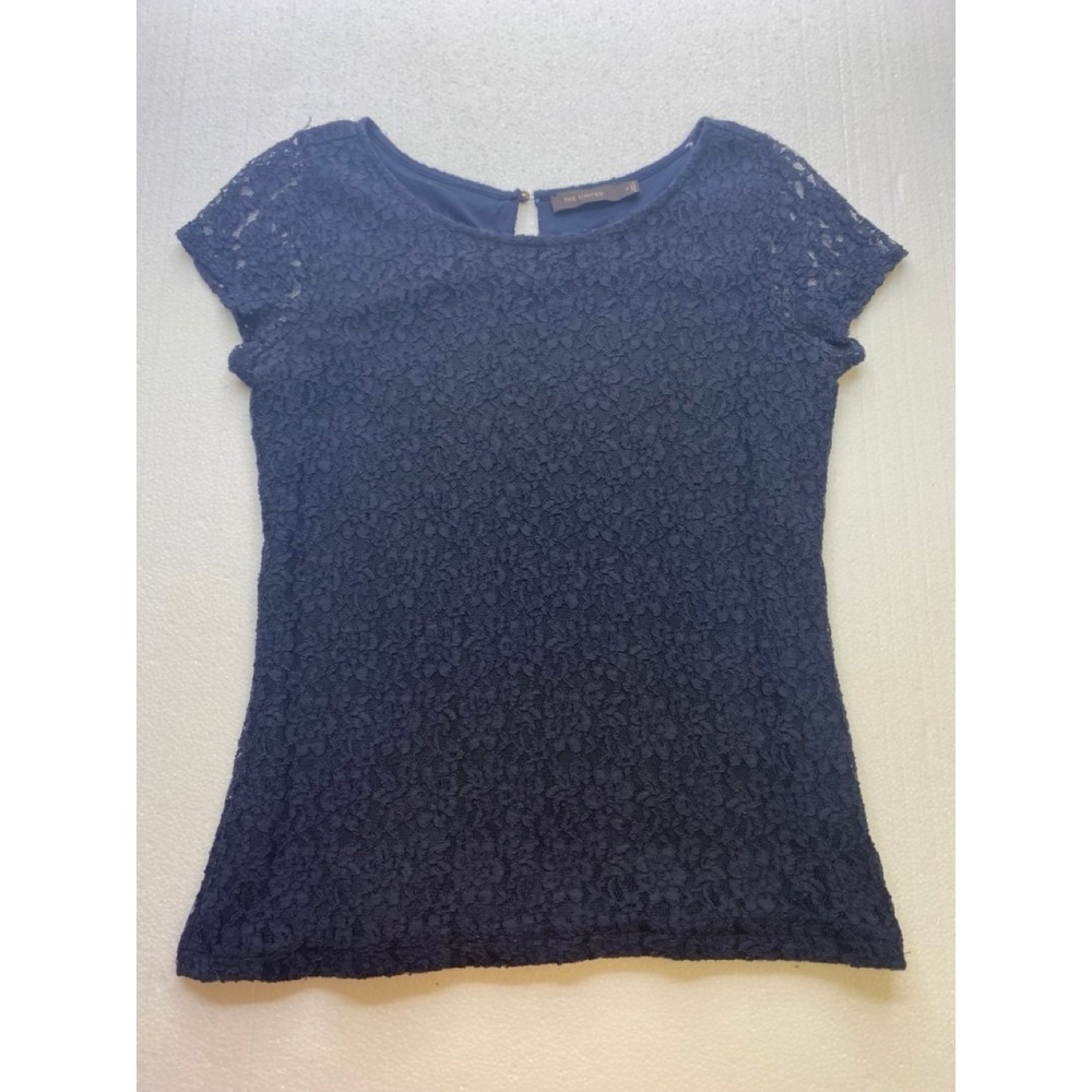 The Limited Navy Blue Lace Short Sleeve Keyhole Back Top Womens Medium